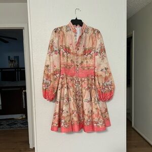 Long-Sleeve Floral Mini Dress in Coral and Cream
